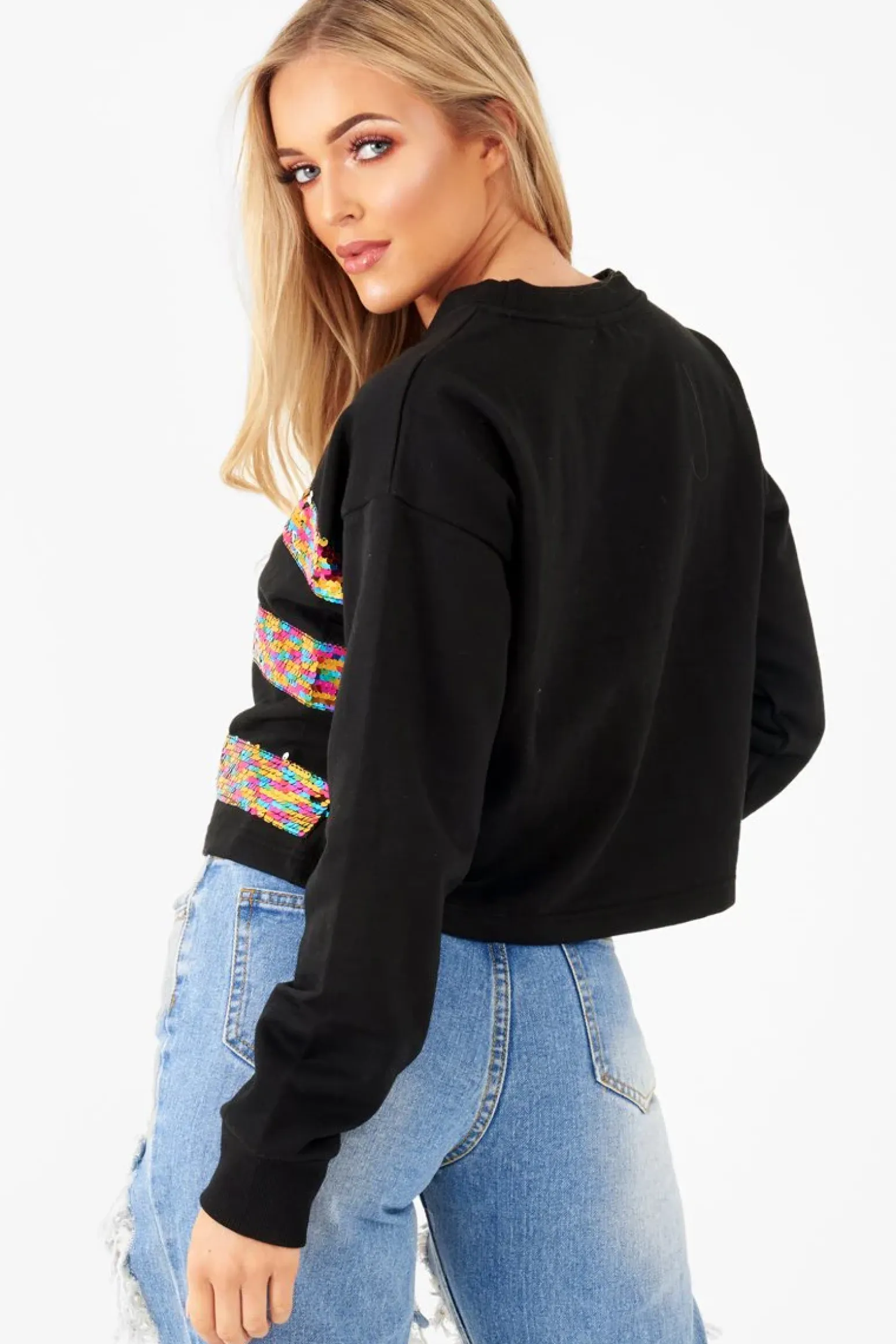 Rebellious Fashion Black Multi Sequin Stripe Sweatshirt - Nadina