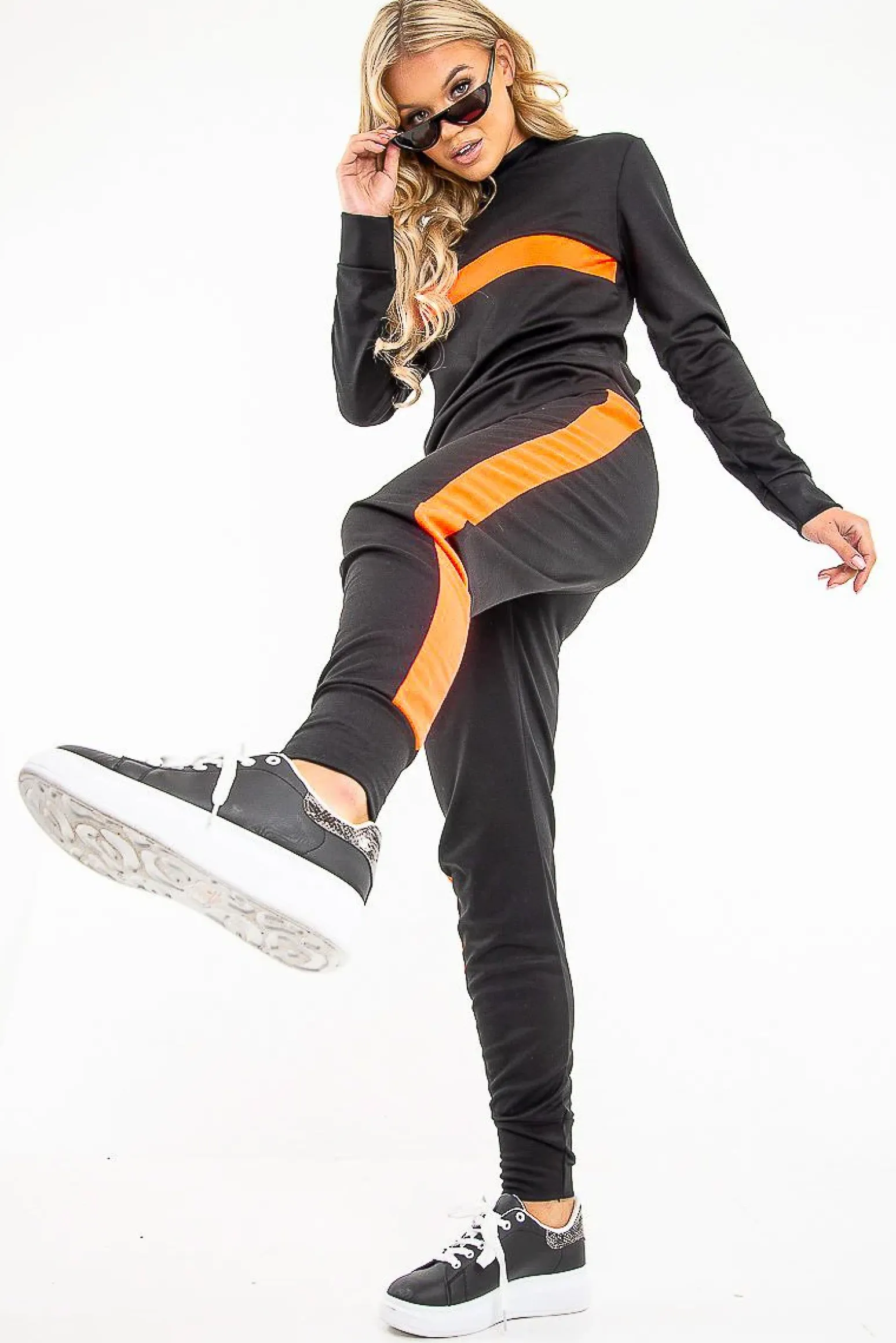 Rebellious Fashion Black Neon Orange Stripe Loungewear Set - Ariella