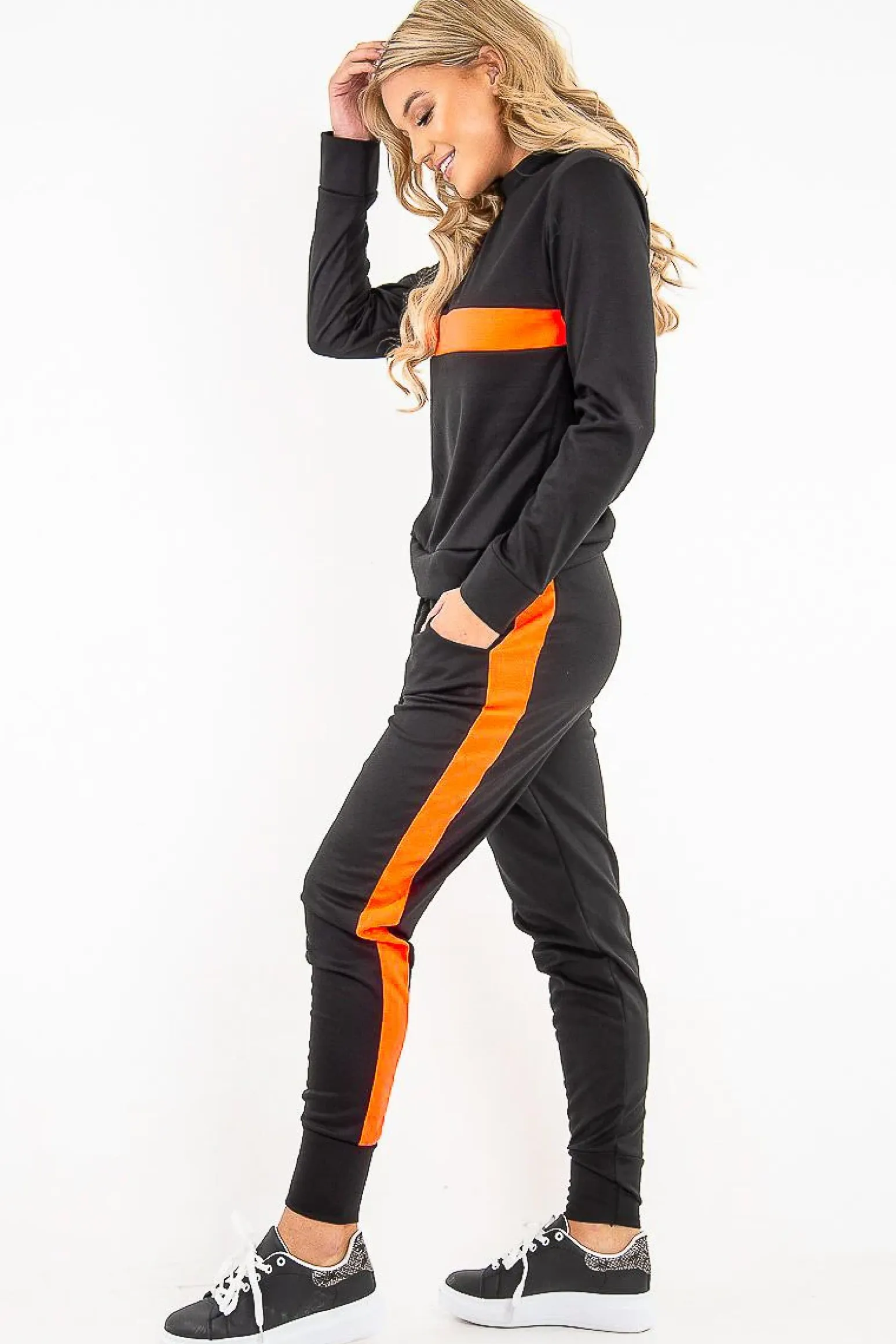 Rebellious Fashion Black Neon Orange Stripe Loungewear Set - Ariella