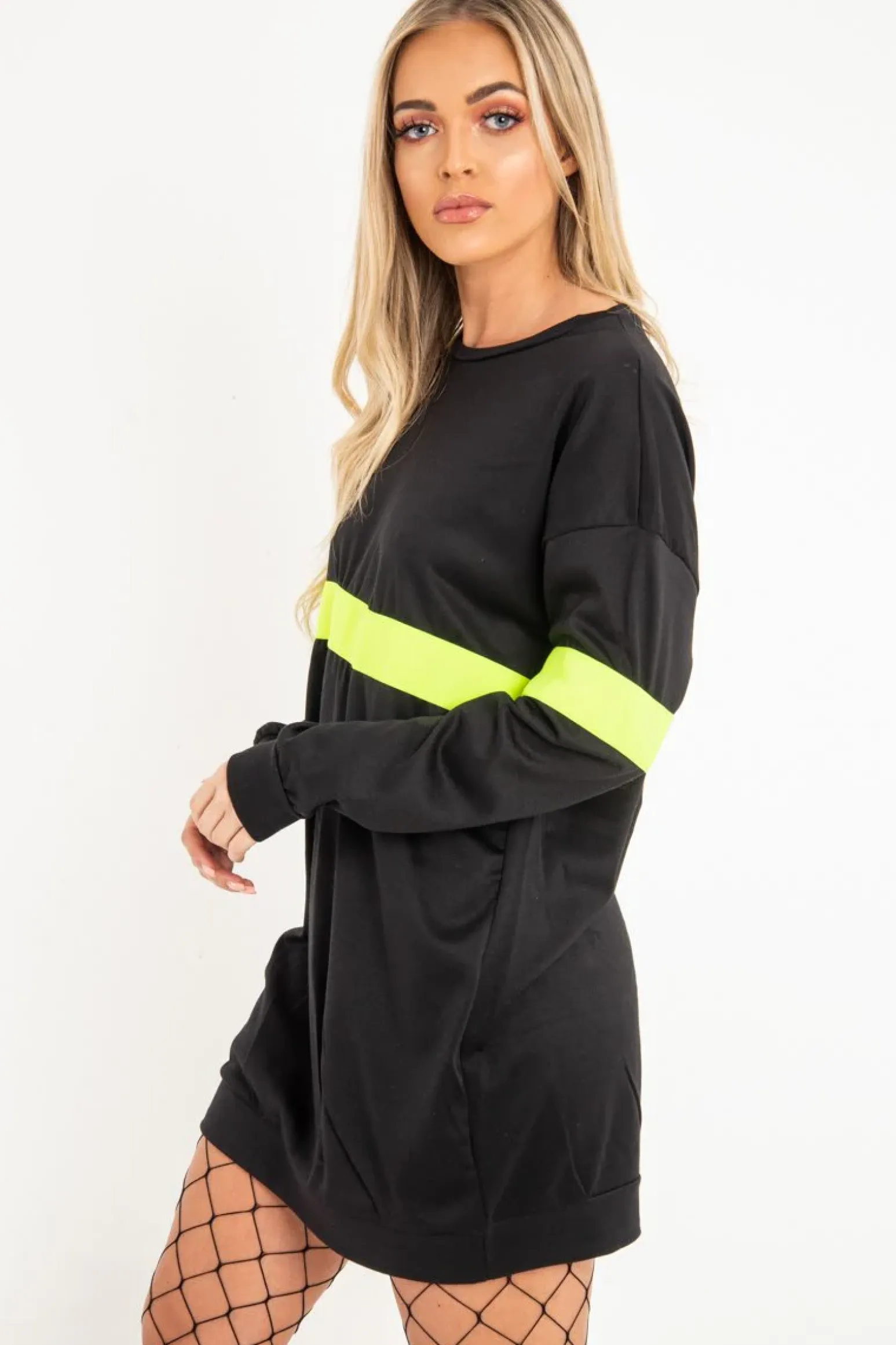 Rebellious Fashion Black Neon Yellow Stripe Longline Sweatshirt - Keighley