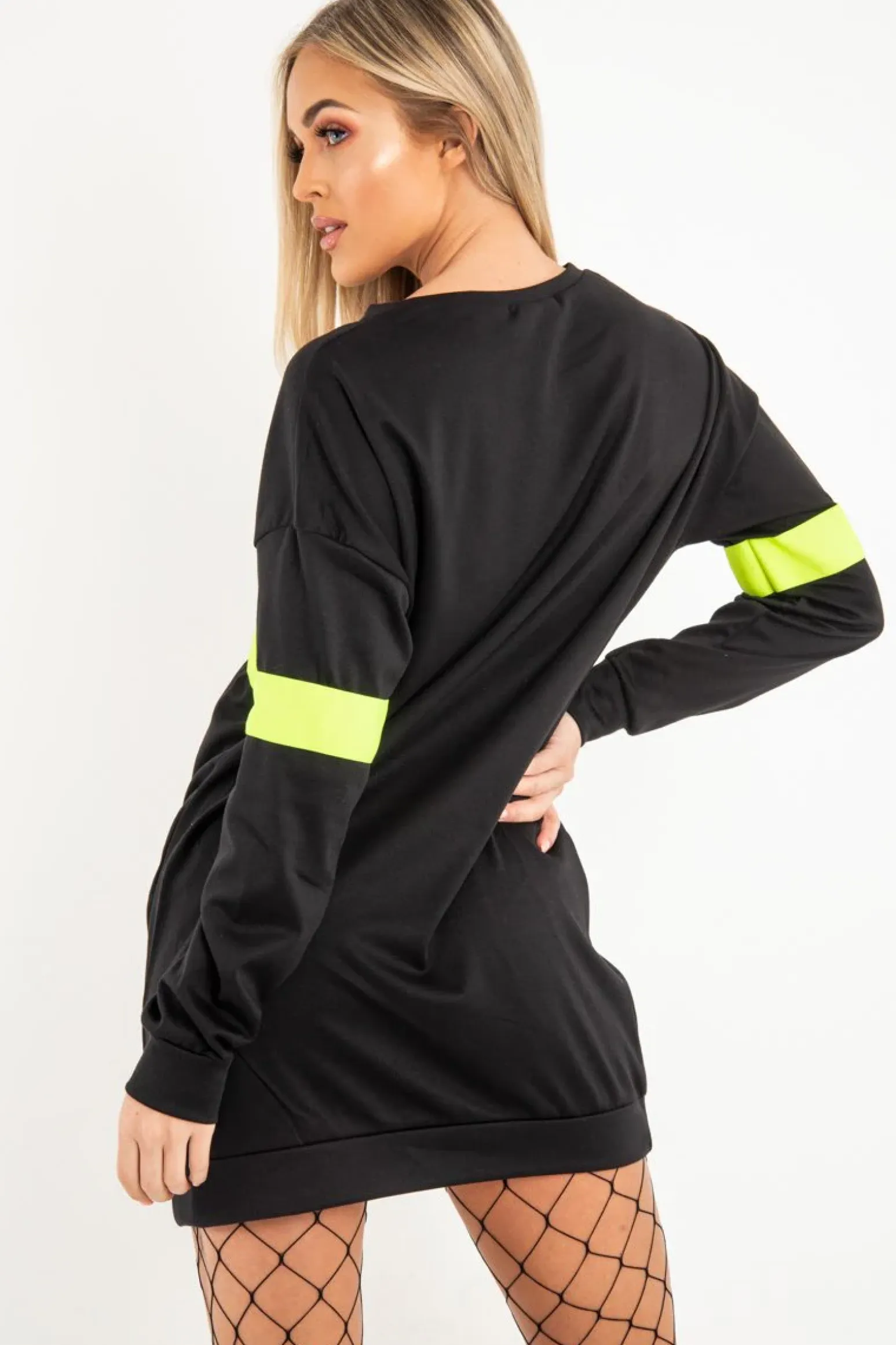 Rebellious Fashion Black Neon Yellow Stripe Longline Sweatshirt - Keighley
