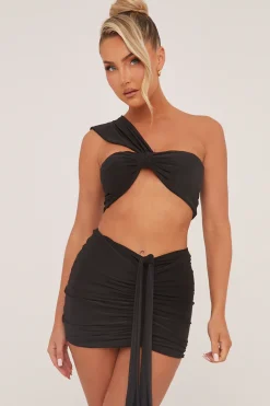 Rebellious Fashion Black One Shoulder Cropped Top & Ruched Mini skirt Co-ord Set - Dahlia