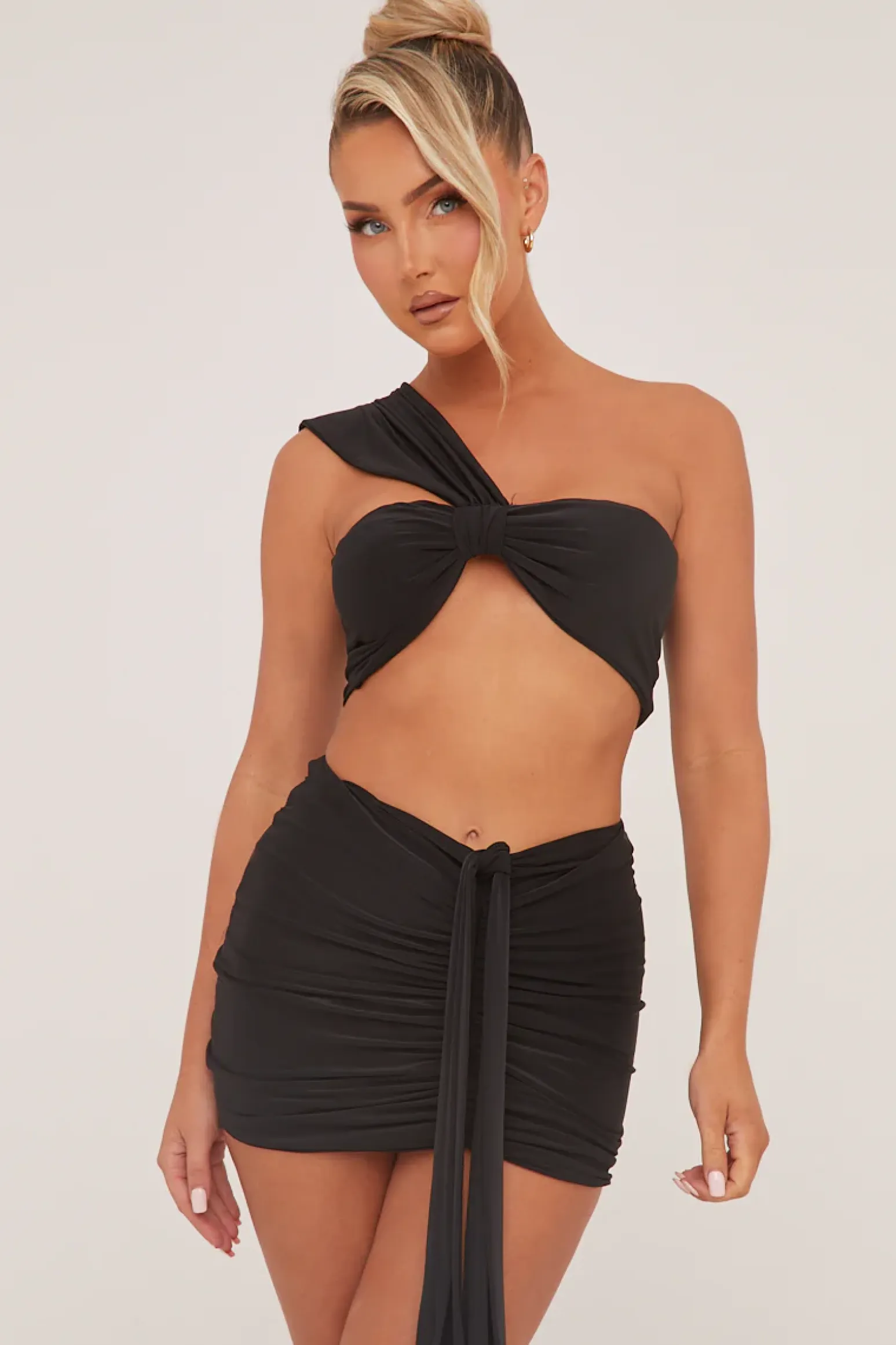 Rebellious Fashion Black One Shoulder Cropped Top & Ruched Mini skirt Co-ord Set - Dahlia