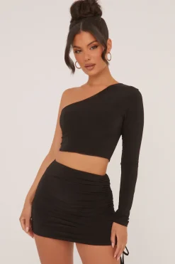 Rebellious Fashion Black One Shoulder Cropped Top & Mini Skirt Co-ord Set - Mia
