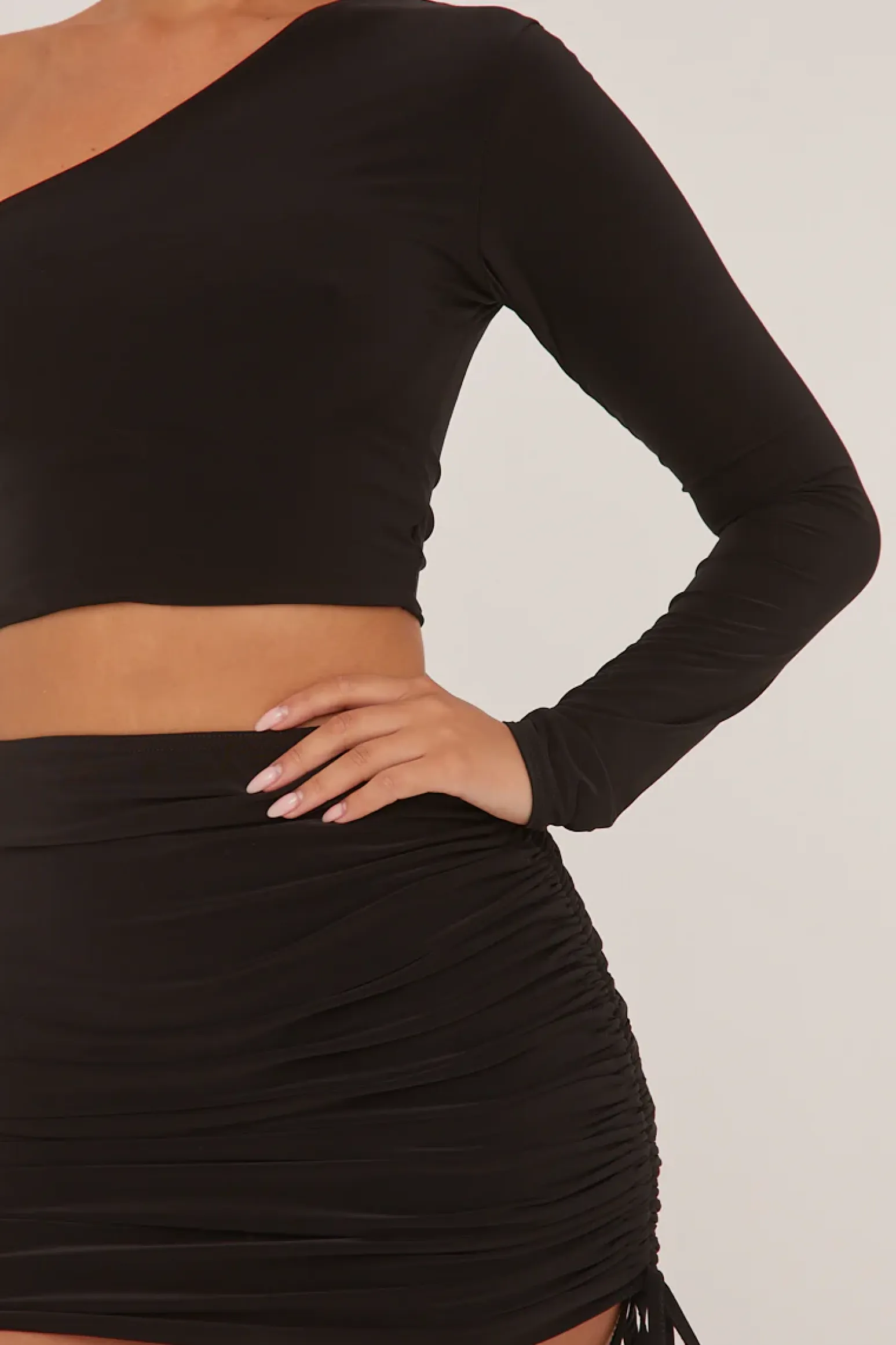 Rebellious Fashion Black One Shoulder Cropped Top & Mini Skirt Co-ord Set - Mia