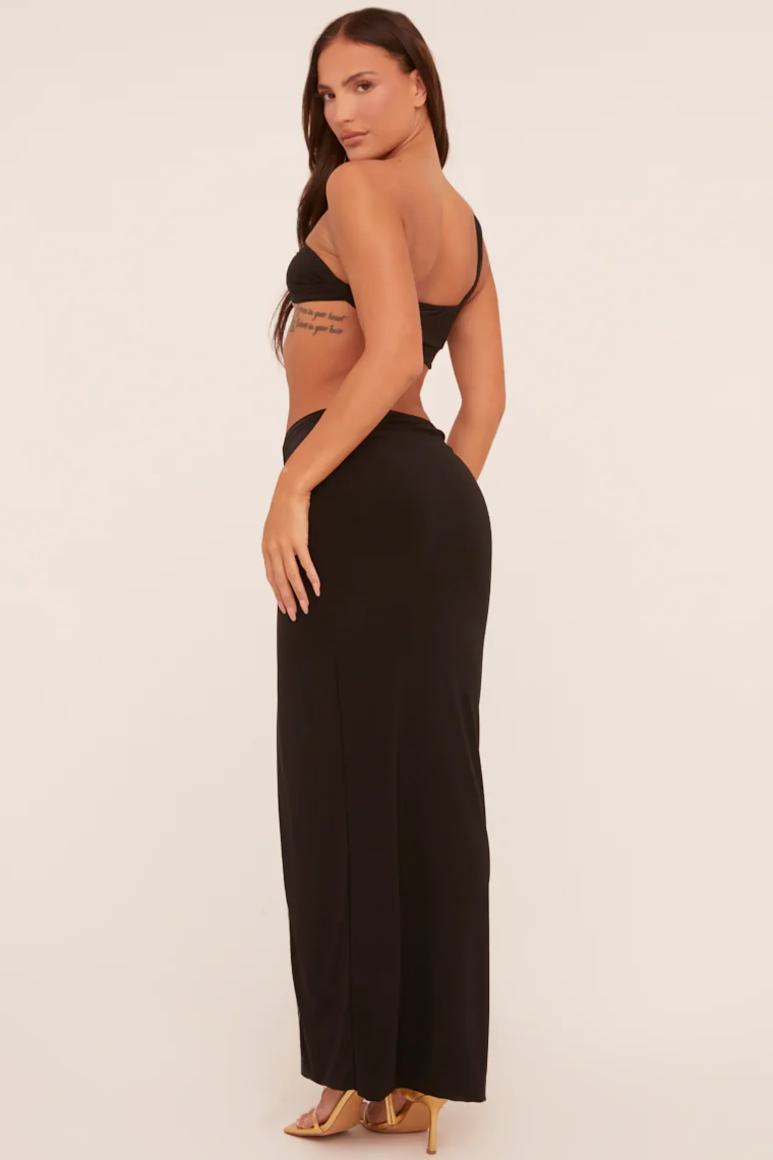 Rebellious Fashion Black One Shoulder Crop Top & Twist Detail Maxi Skirt Co-ord Set - Kacie