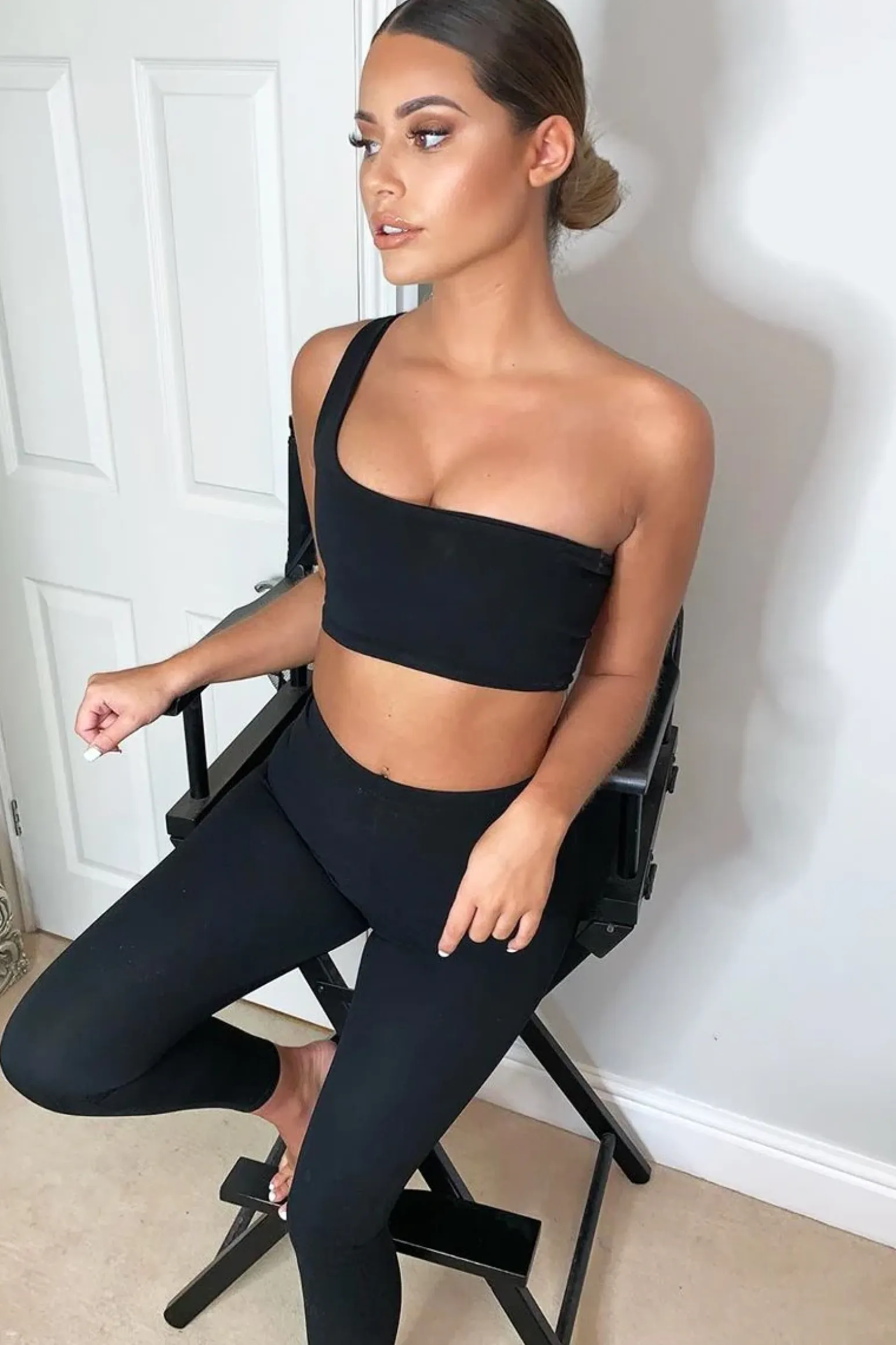 Rebellious Fashion Black One Shoulder Crop Top and Leggings Co-Ord - Marrie