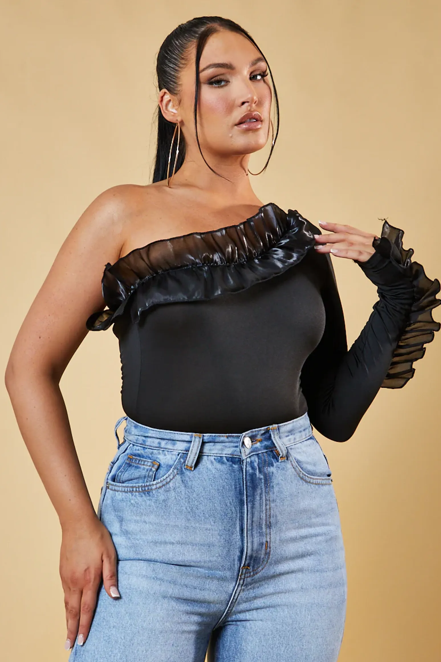 Rebellious Fashion Black One Sleeve Frill Detail Bodysuit - Nora