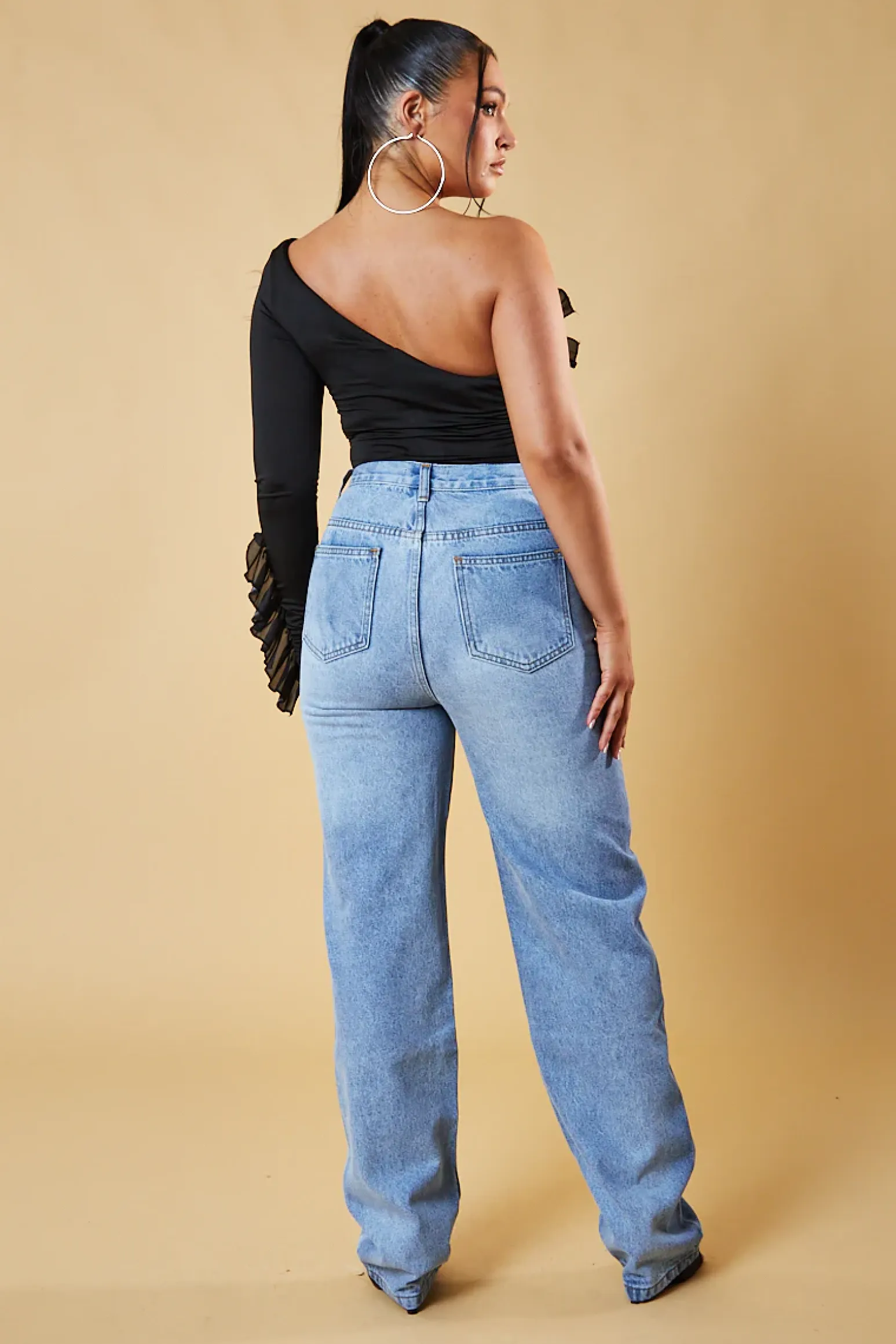 Rebellious Fashion Black One Sleeve Frill Detail Bodysuit - Nora