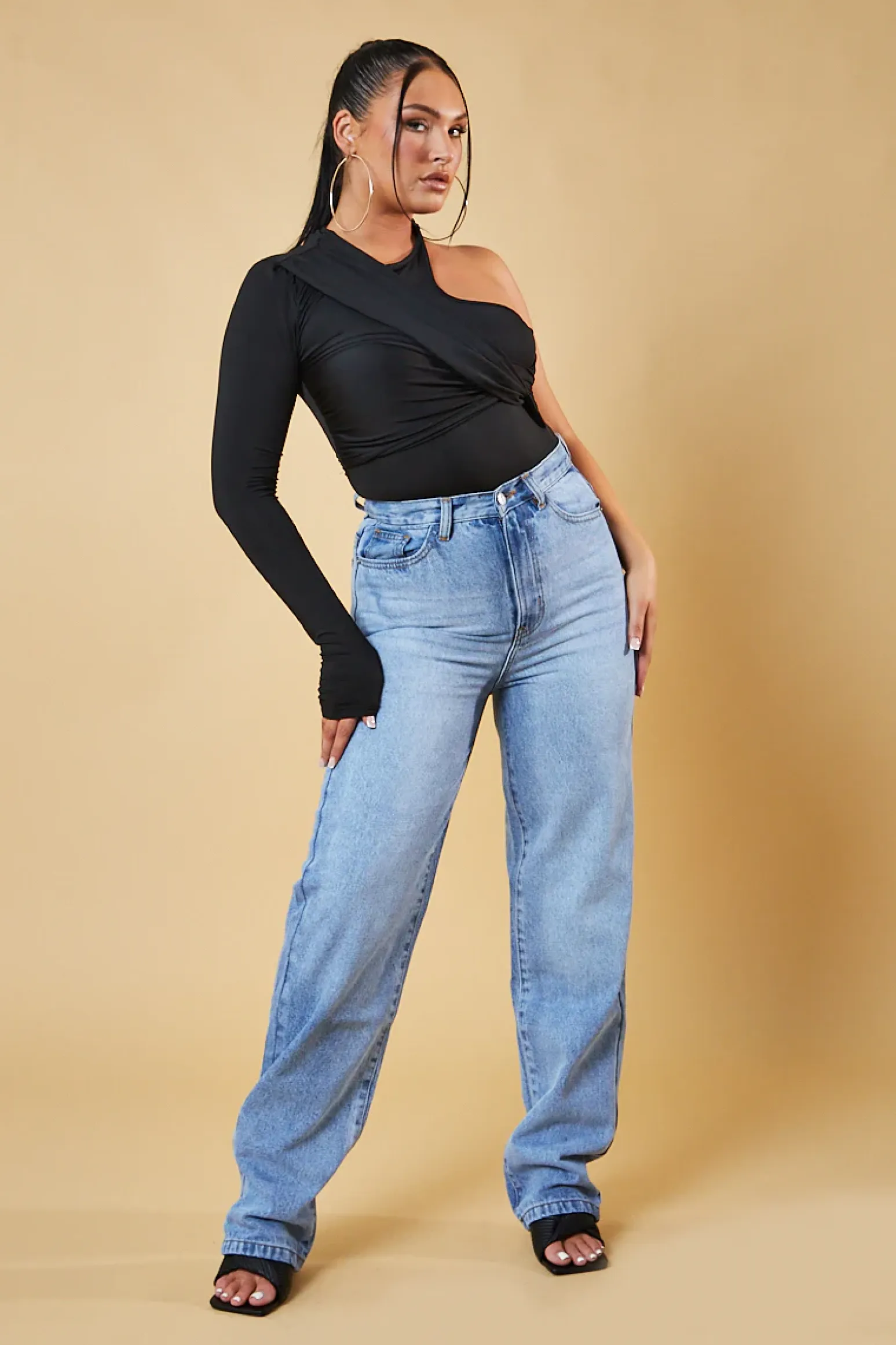 Rebellious Fashion Black One Sleeve Twist Front Bodysuit - Wren