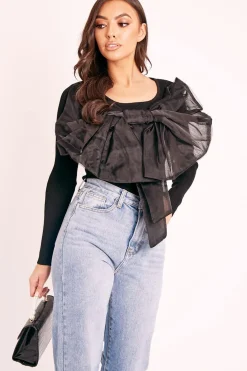 Rebellious Fashion Black Organza Bow Front Ribbed Top - Fergie