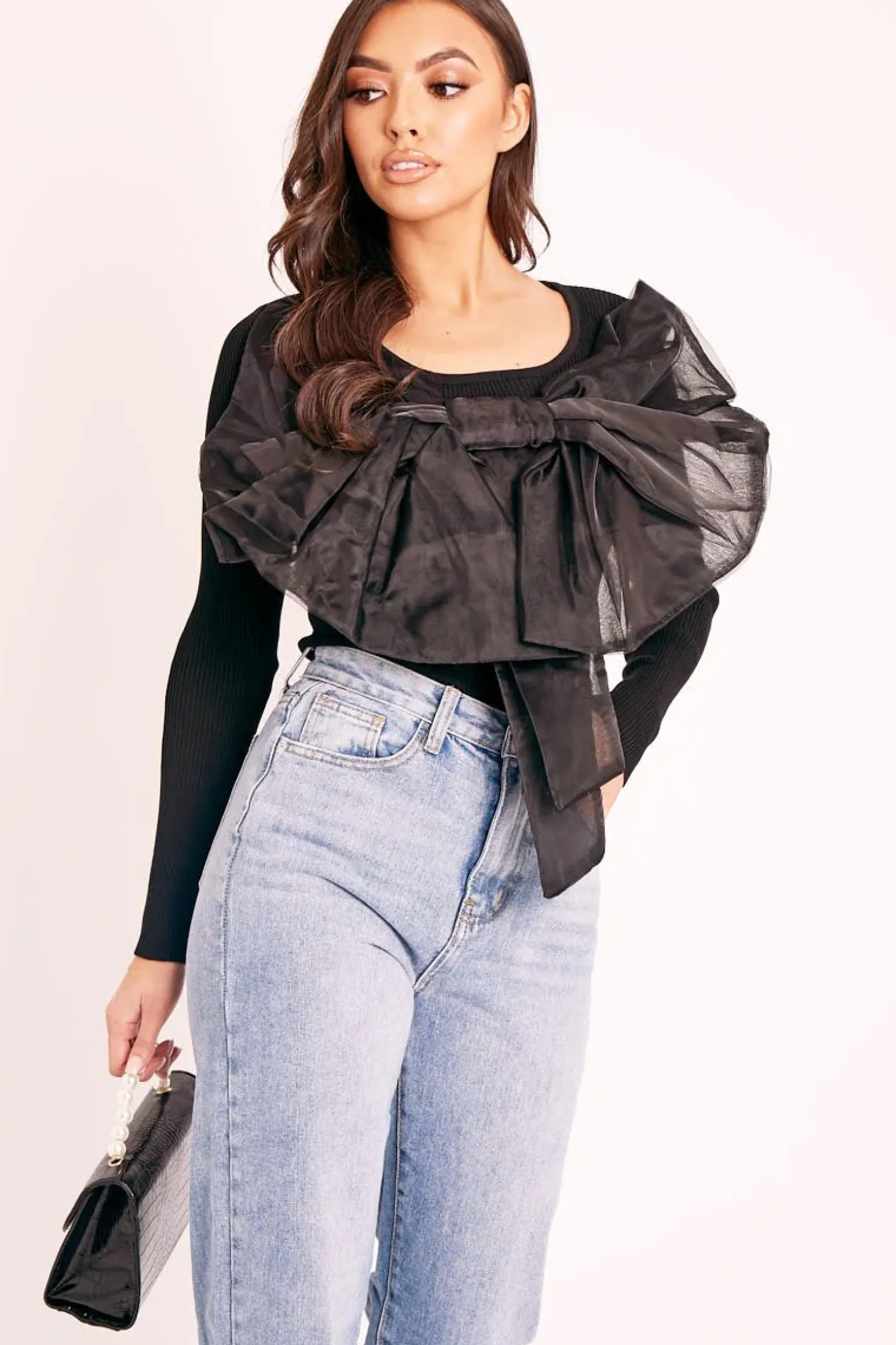 Rebellious Fashion Black Organza Bow Front Ribbed Top - Fergie