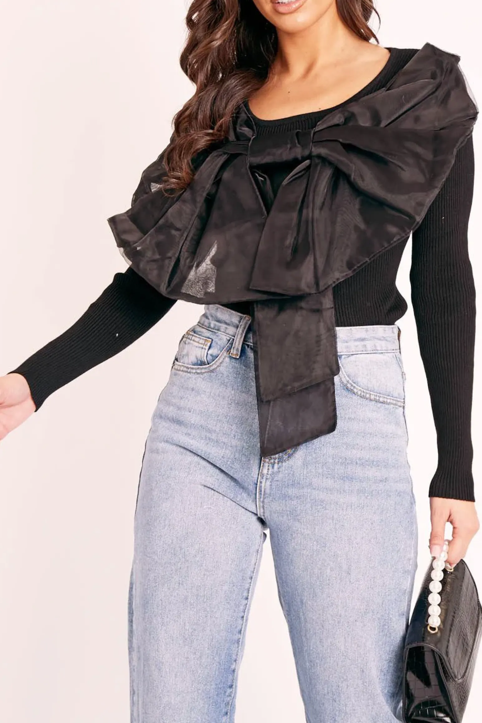 Rebellious Fashion Black Organza Bow Front Ribbed Top - Fergie