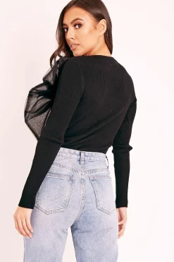 Rebellious Fashion Black Organza Bow Front Ribbed Top - Fergie