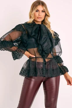 Rebellious Fashion Black Organza Oversized Floral Lace Shirt - Jeana