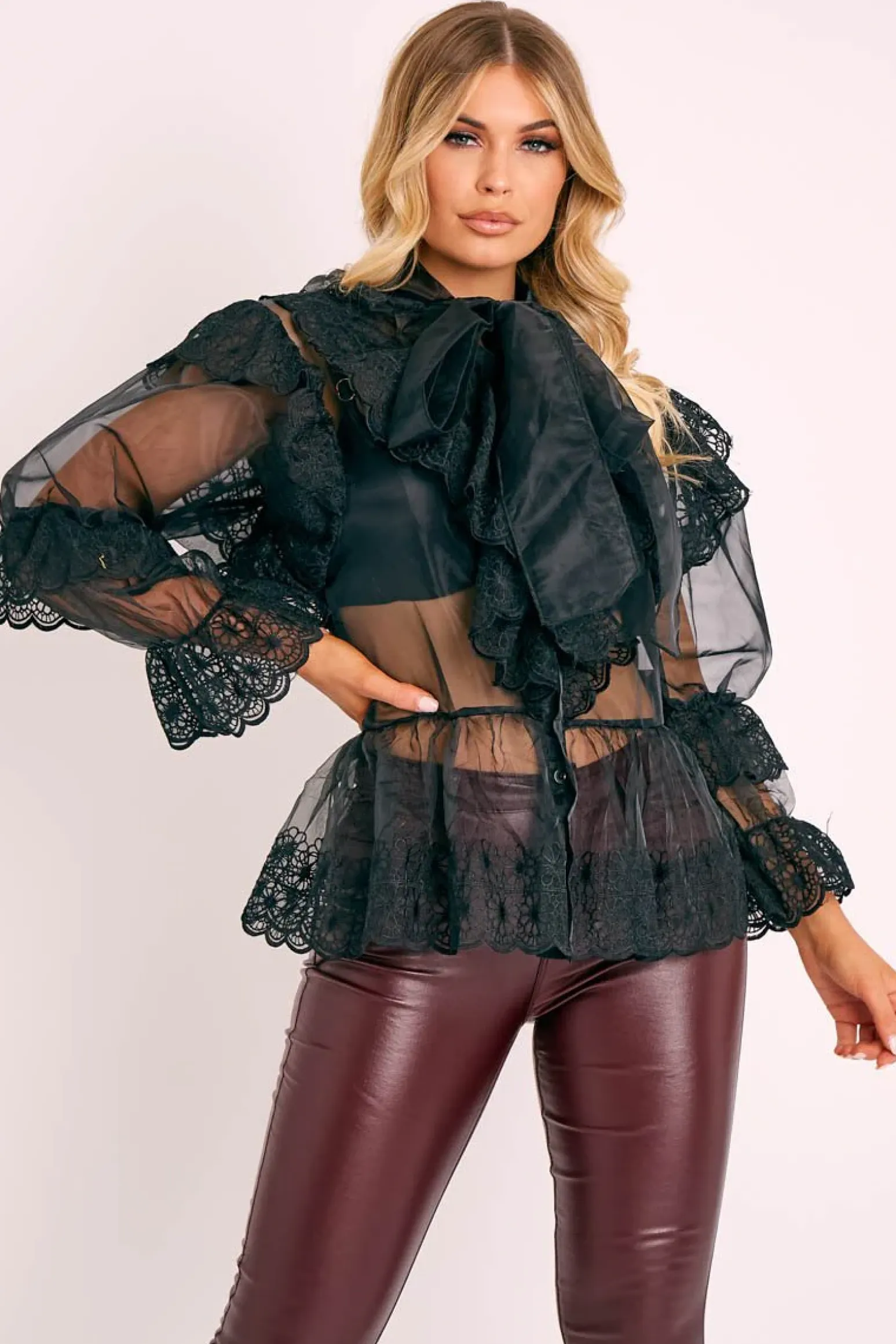 Rebellious Fashion Black Organza Oversized Floral Lace Shirt - Jeana