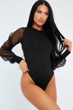 Rebellious Fashion Black Organza Sleeves Bodysuit - Ashni