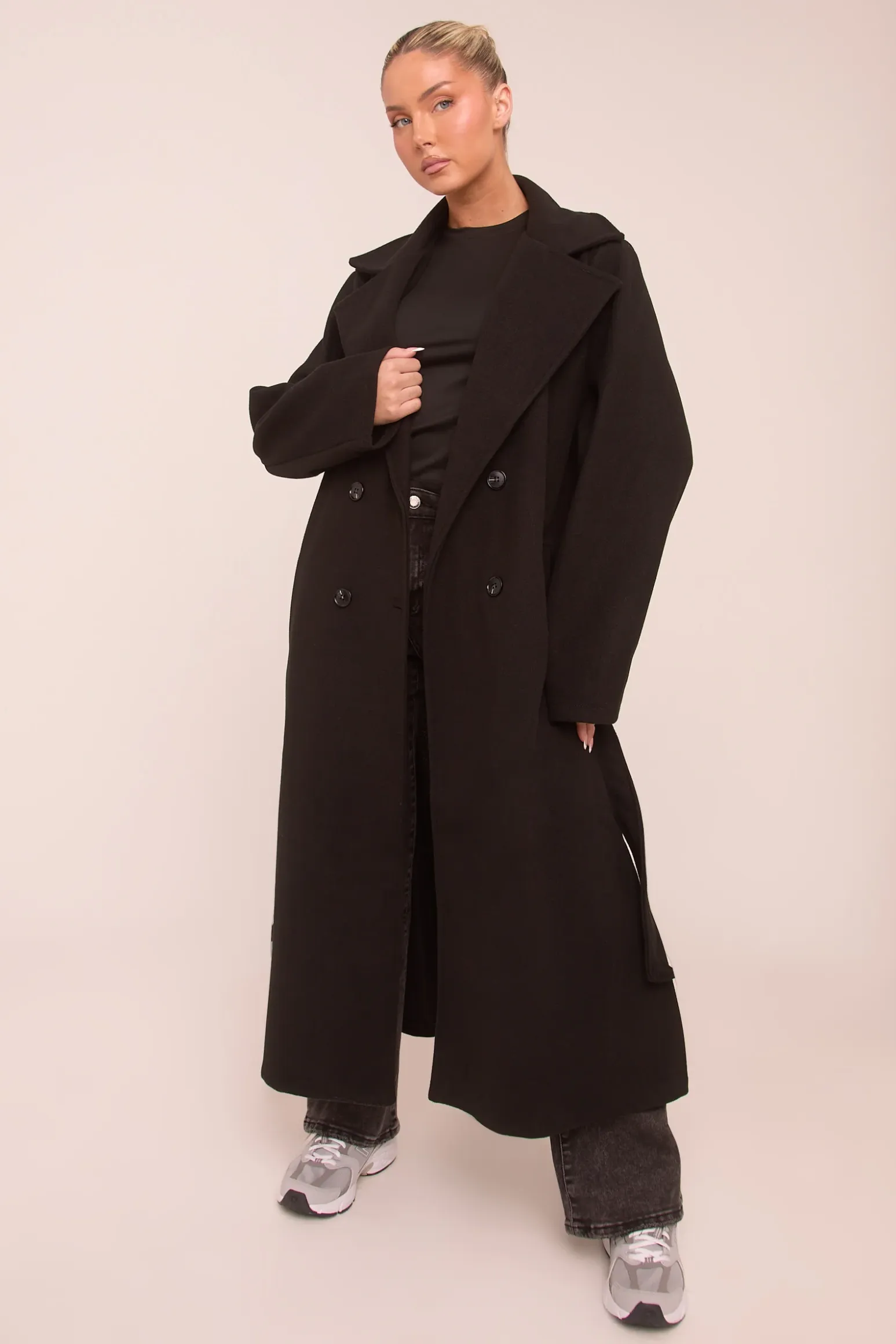 Rebellious Fashion Black Oversized Double Breasted Wool Look Coat - Eloise