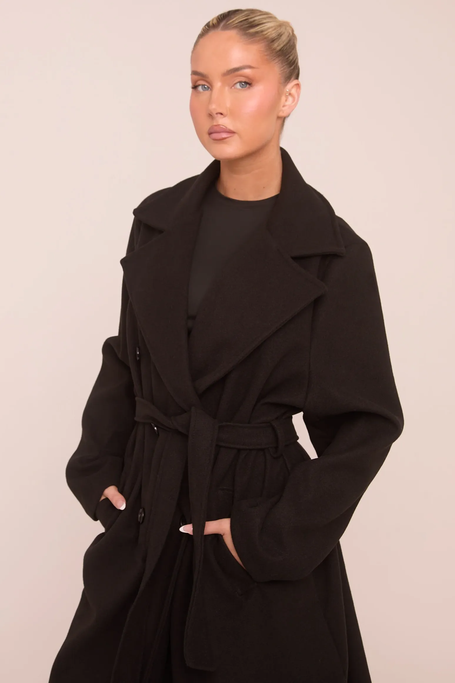 Rebellious Fashion Black Oversized Double Breasted Wool Look Coat - Eloise