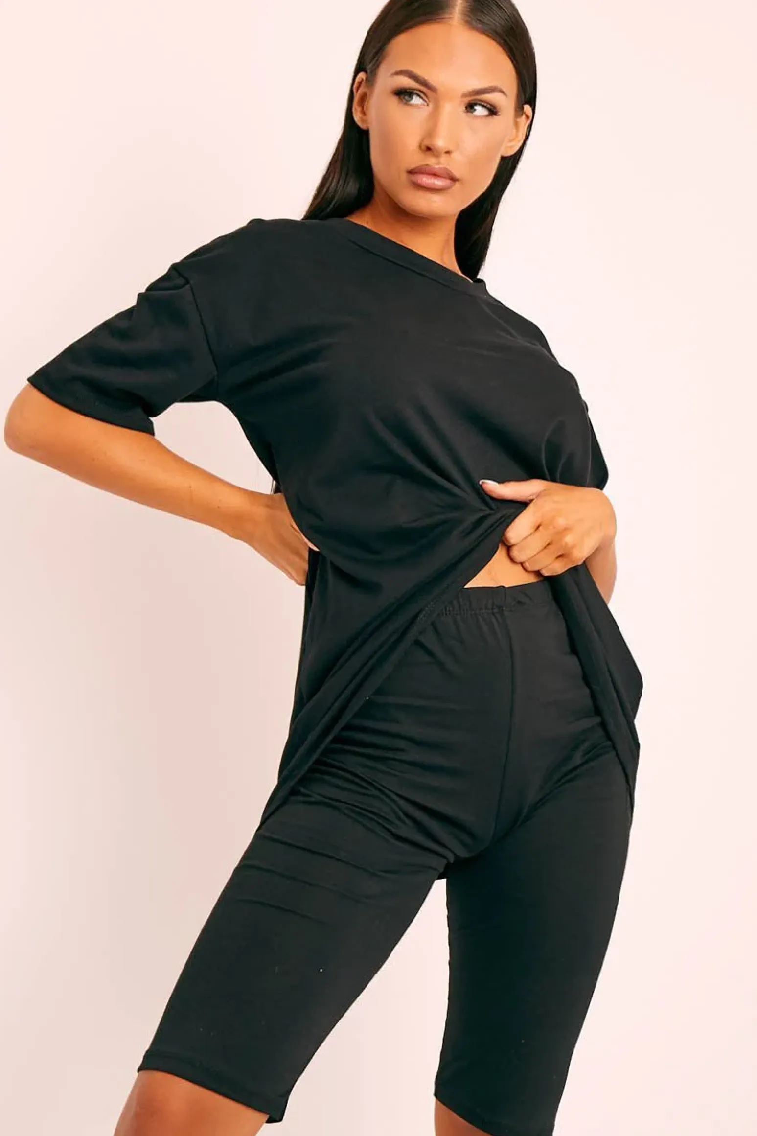 Rebellious Fashion Black Oversized T-shirt Cycling Shorts Co-ord - Bethanny