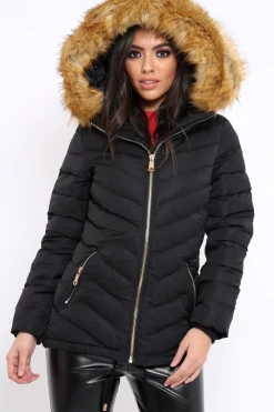 Rebellious Fashion Black Padded Coat With Faux Fur Trim Hood - Jocelyn