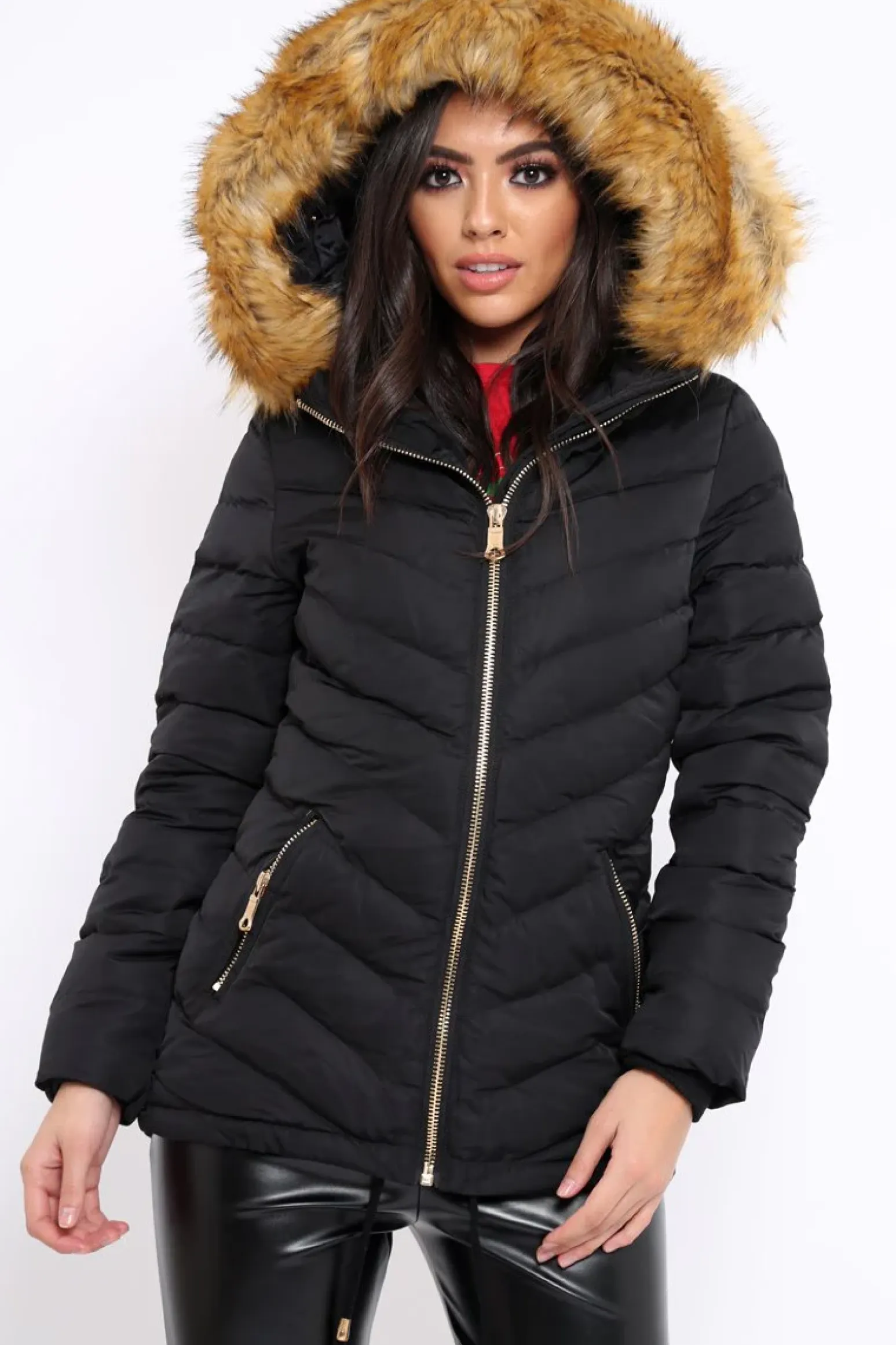 Rebellious Fashion Black Padded Coat With Faux Fur Trim Hood - Jocelyn