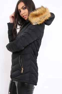 Rebellious Fashion Black Padded Coat With Faux Fur Trim Hood - Jocelyn