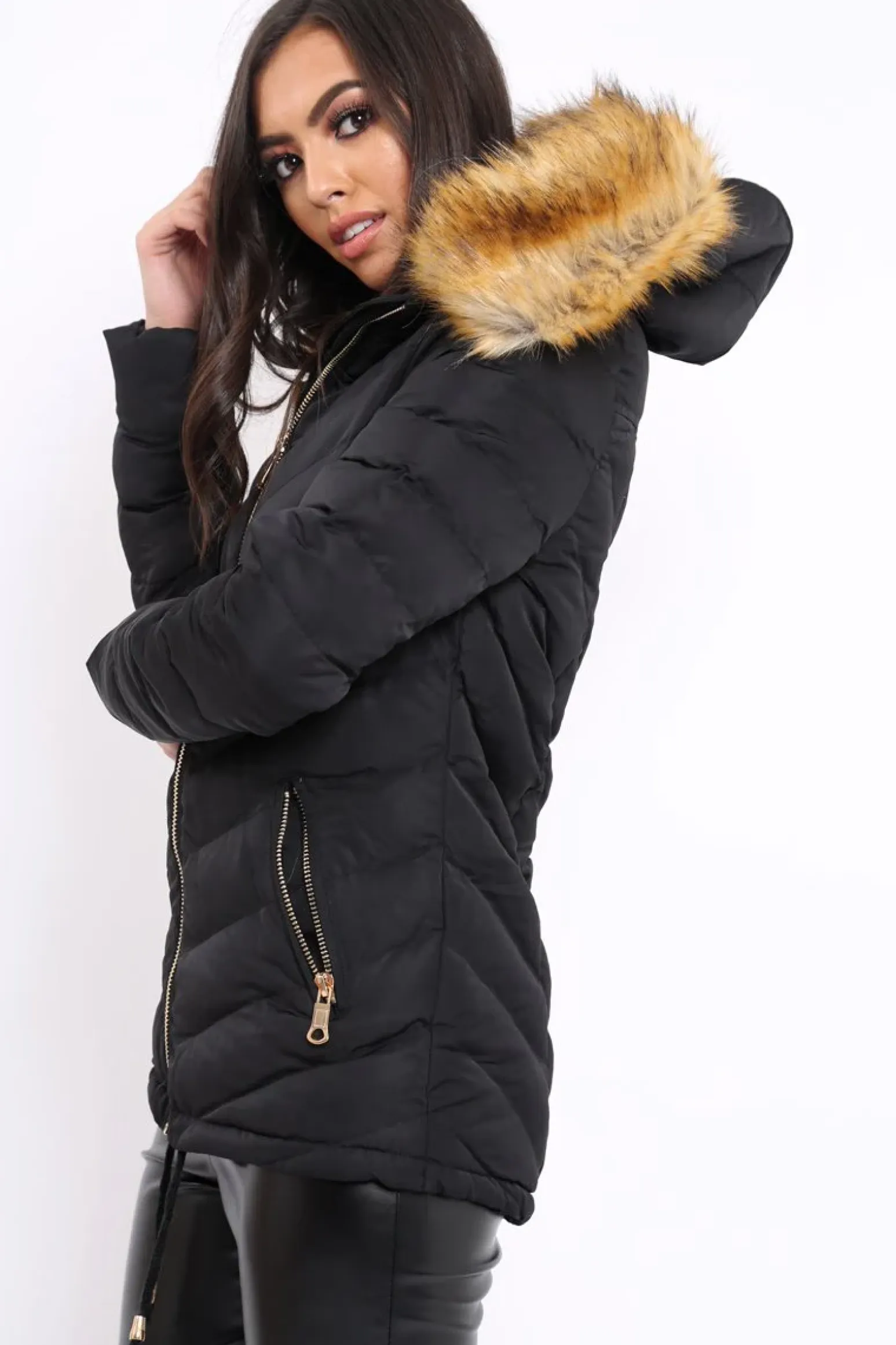 Rebellious Fashion Black Padded Coat With Faux Fur Trim Hood - Jocelyn