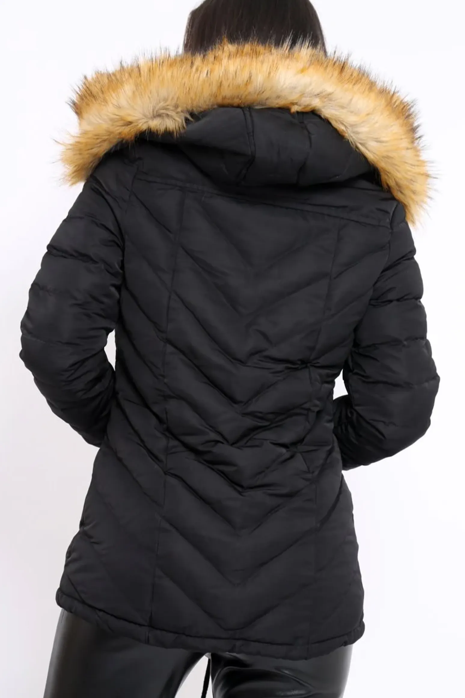 Rebellious Fashion Black Padded Coat With Faux Fur Trim Hood - Jocelyn