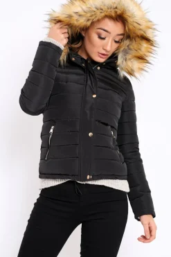 Rebellious Fashion Black Padded Coat with Fur Trim Hood - Helena