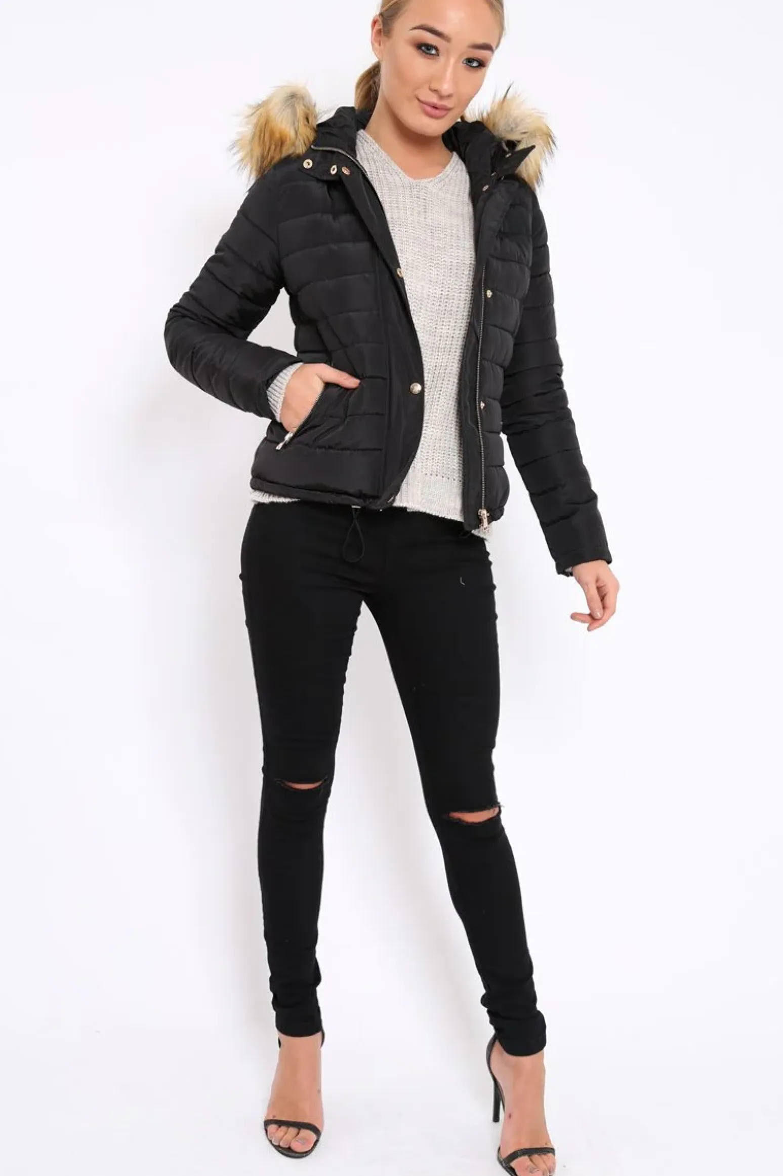 Rebellious Fashion Black Padded Coat with Fur Trim Hood - Helena