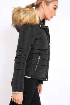 Rebellious Fashion Black Padded Coat with Fur Trim Hood - Helena