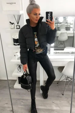 Rebellious Fashion Black Padded Cropped Puffer Coat - Cameo