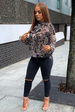 Rebellious Fashion Black Paisley Print Sheer Shirt - Zemira
