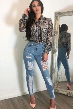 Rebellious Fashion Black Paisley Print Sheer Shirt - Zemira