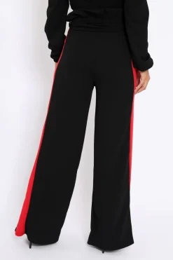 Rebellious Fashion Black Paper Bag Tie Waist Wide Leg Trousers With Red Stripe - Kennedy