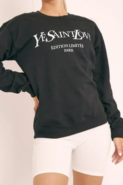 Rebellious Fashion Black Parisian Slogan Front Oversized Sweatshirt - Tamy