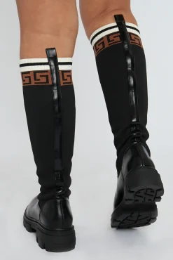Rebellious Fashion Black Patterned Knee High Knitted PU Faux Leather Boots - Ada