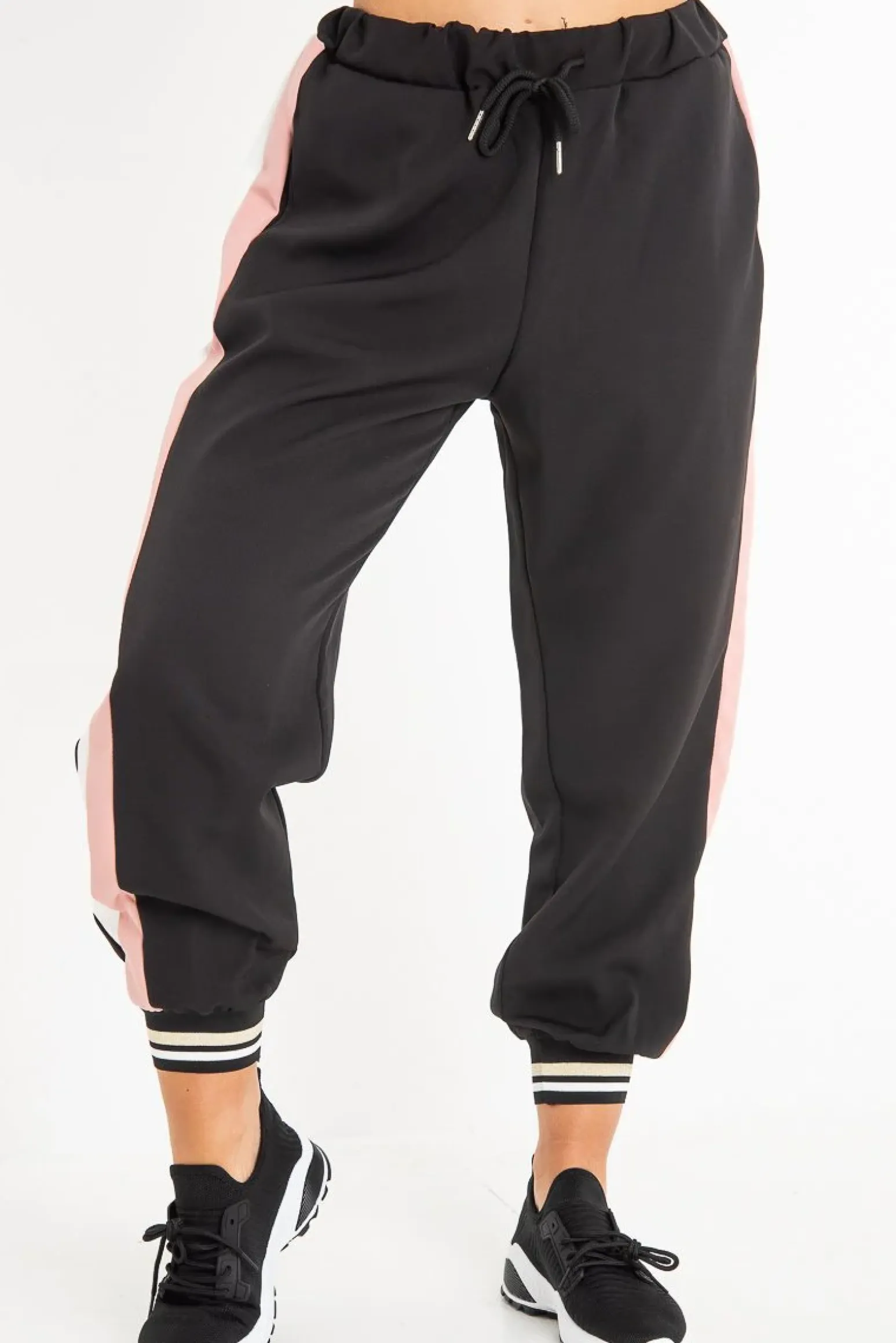 Rebellious Fashion Black Pink Cuffed Hem Tie Waist Joggers - Kaci