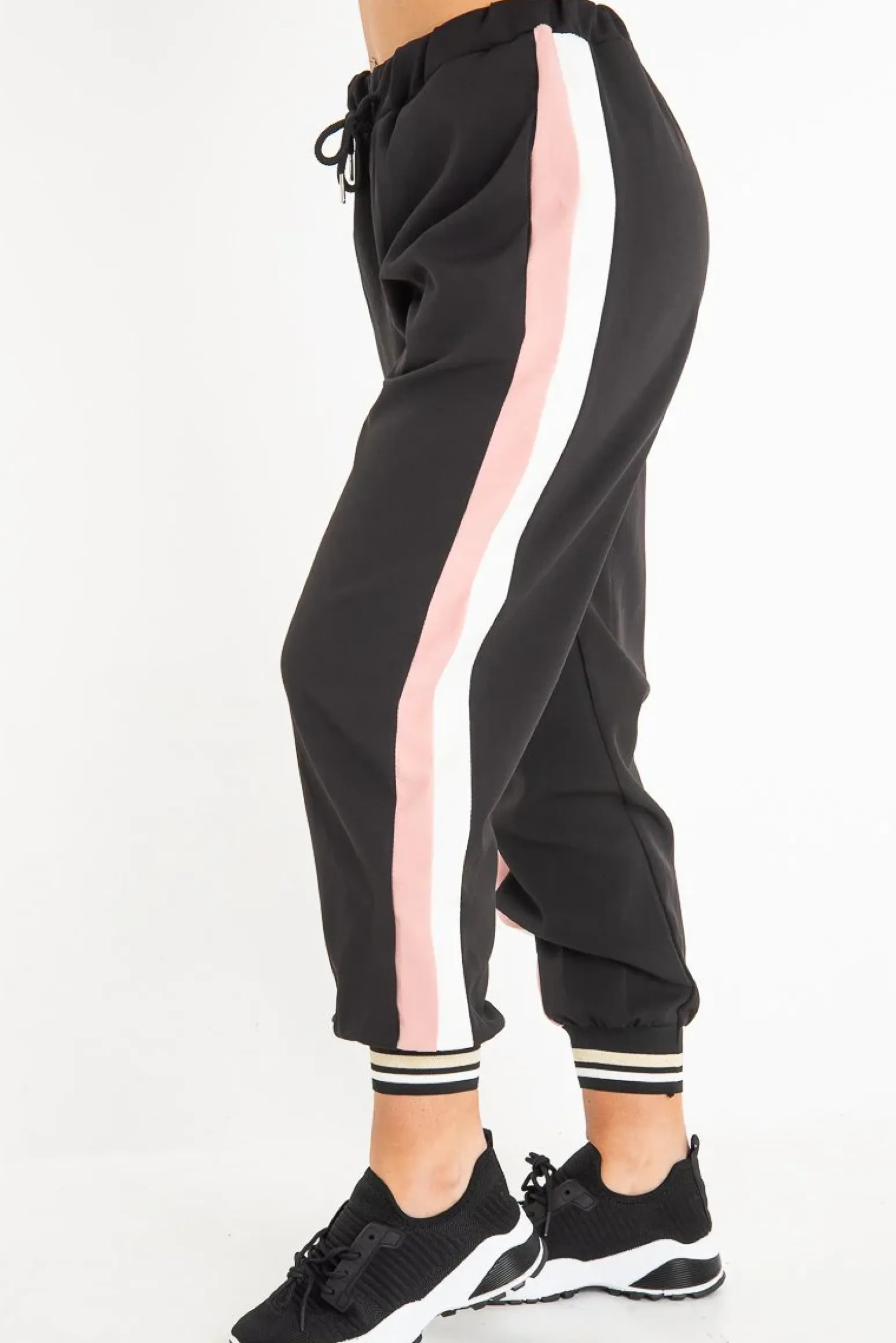 Rebellious Fashion Black Pink Cuffed Hem Tie Waist Joggers - Kaci