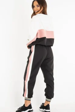 Rebellious Fashion Black Pink Cuffed Hem Tie Waist Joggers - Kaci