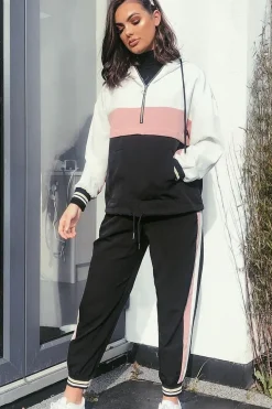 Rebellious Fashion Black Pink Zip Front Drawstring Hoodie and Jogger Set - Evon