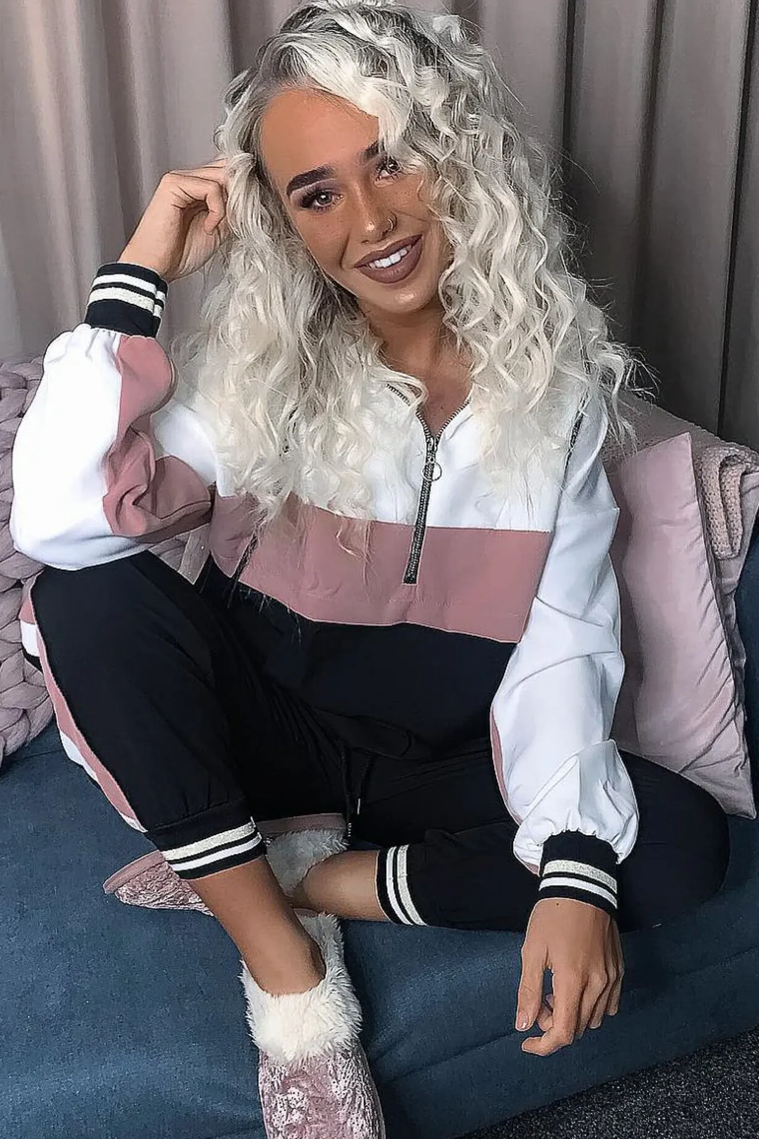 Rebellious Fashion Black Pink Zip Front Drawstring Hoodie and Jogger Set - Evon