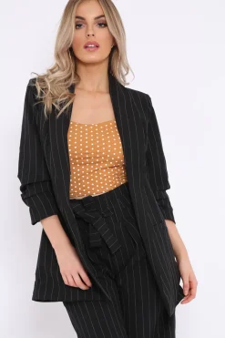 Rebellious Fashion Black Pinstripe Ruched Sleeve Blazer - Romelia
