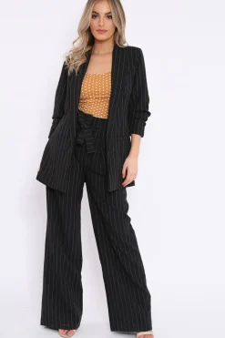Rebellious Fashion Black Pinstripe Ruched Sleeve Blazer - Romelia