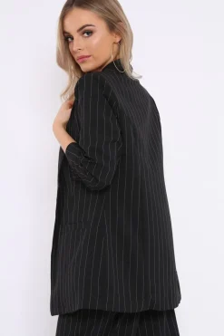 Rebellious Fashion Black Pinstripe Ruched Sleeve Blazer - Romelia