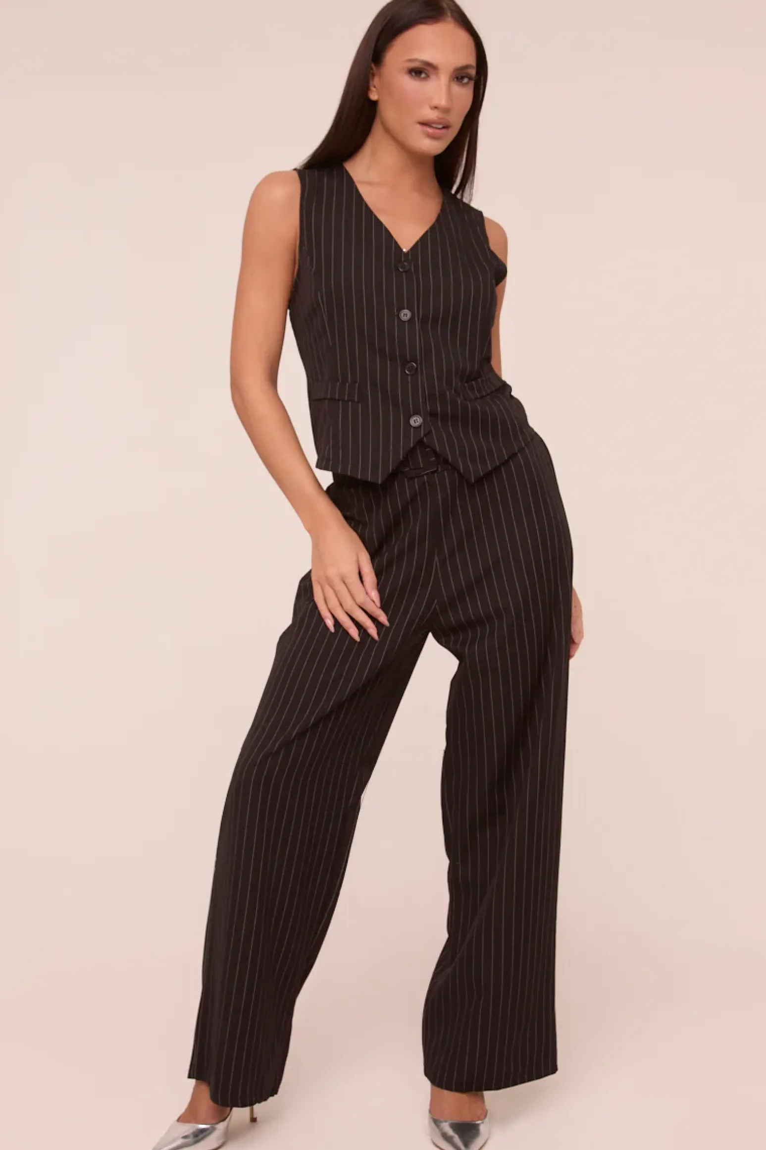 Rebellious Fashion Black Pin Stripe Straight Leg Trousers - Ebba
