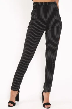 Rebellious Fashion Black Pinstripe Tapered Trousers - Paighton