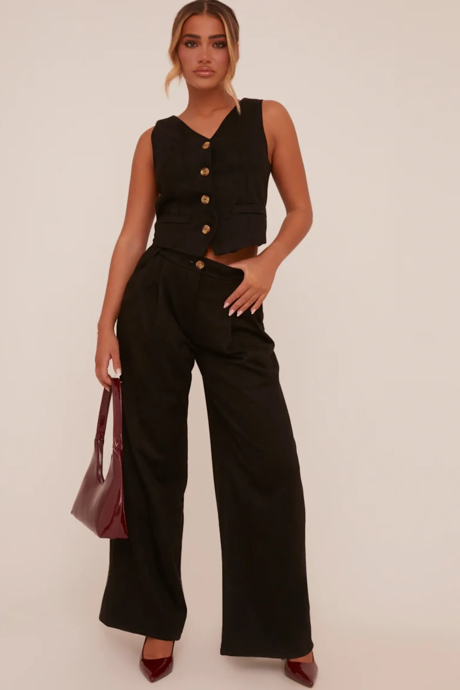 Rebellious Fashion Black Pleat Detail Wide Leg Trousers - Ether