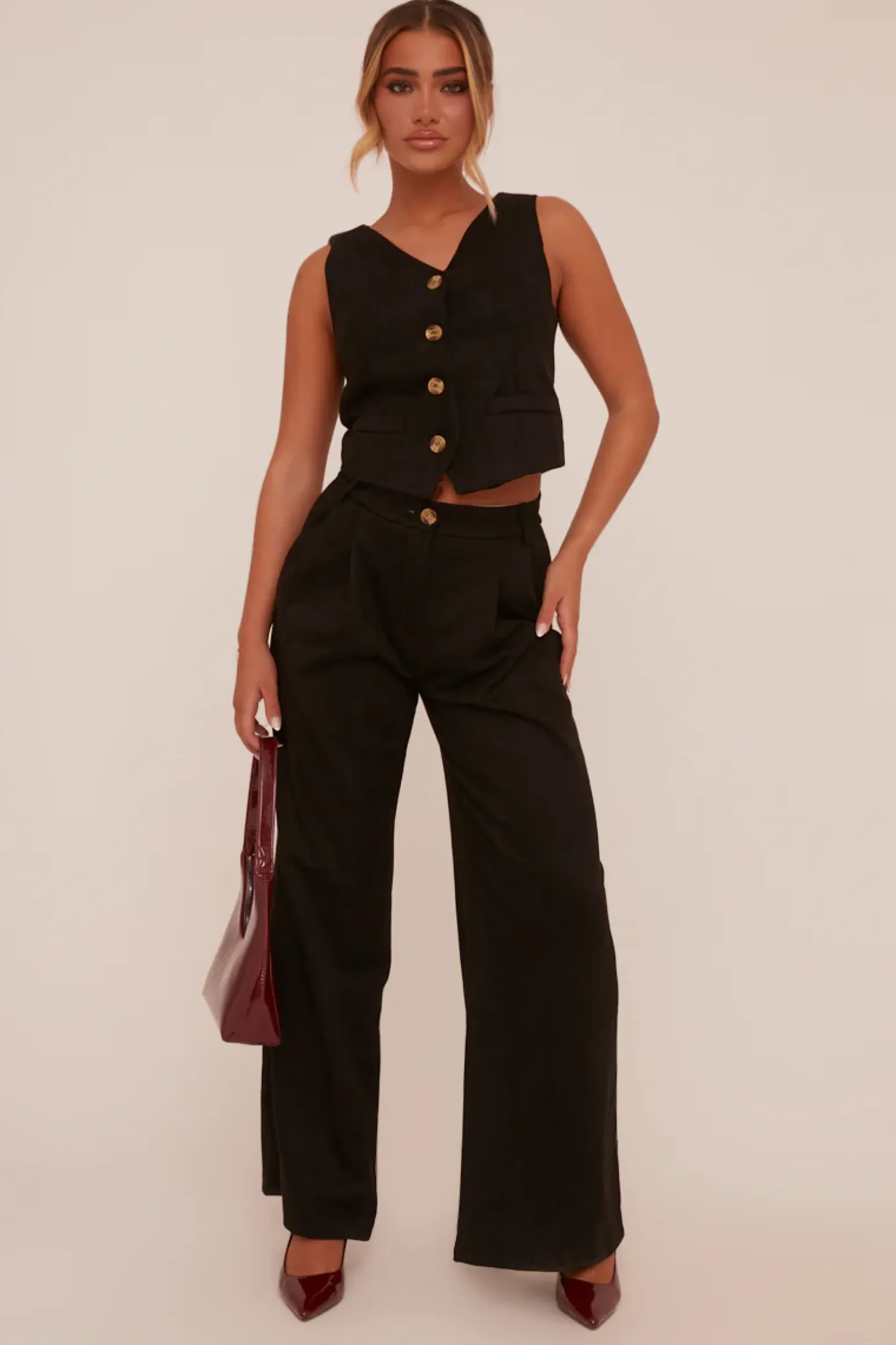 Rebellious Fashion Black Pleat Detail Wide Leg Trousers - Ether